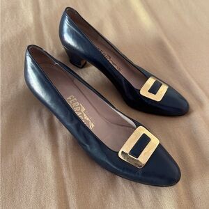 Salvatore Ferragamo Women's Navy Leather Heels with Gold Buckle
